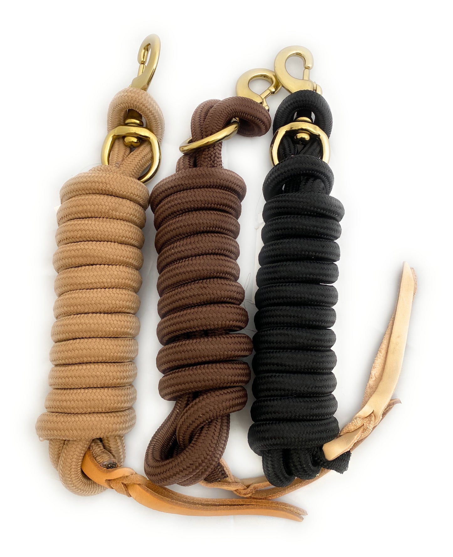 AJ Tack Set of 3 Lead Ropes with Leather Popper - Tan, Brown, and Black