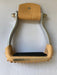 aluminum barrel racing stirrup with leather tread and rubber grip with factory blemish