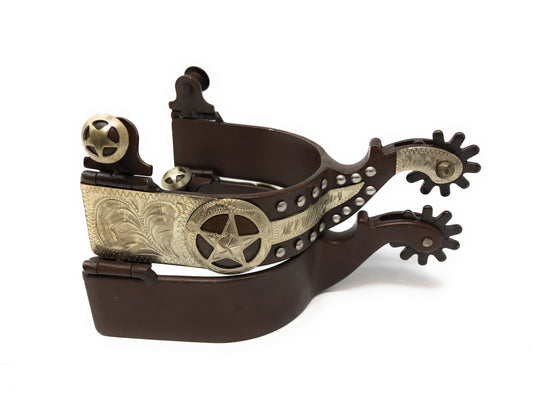 AJ Tack Texas Star Western Show Spurs Silver Concho Engraving Antique Brown Color Mens