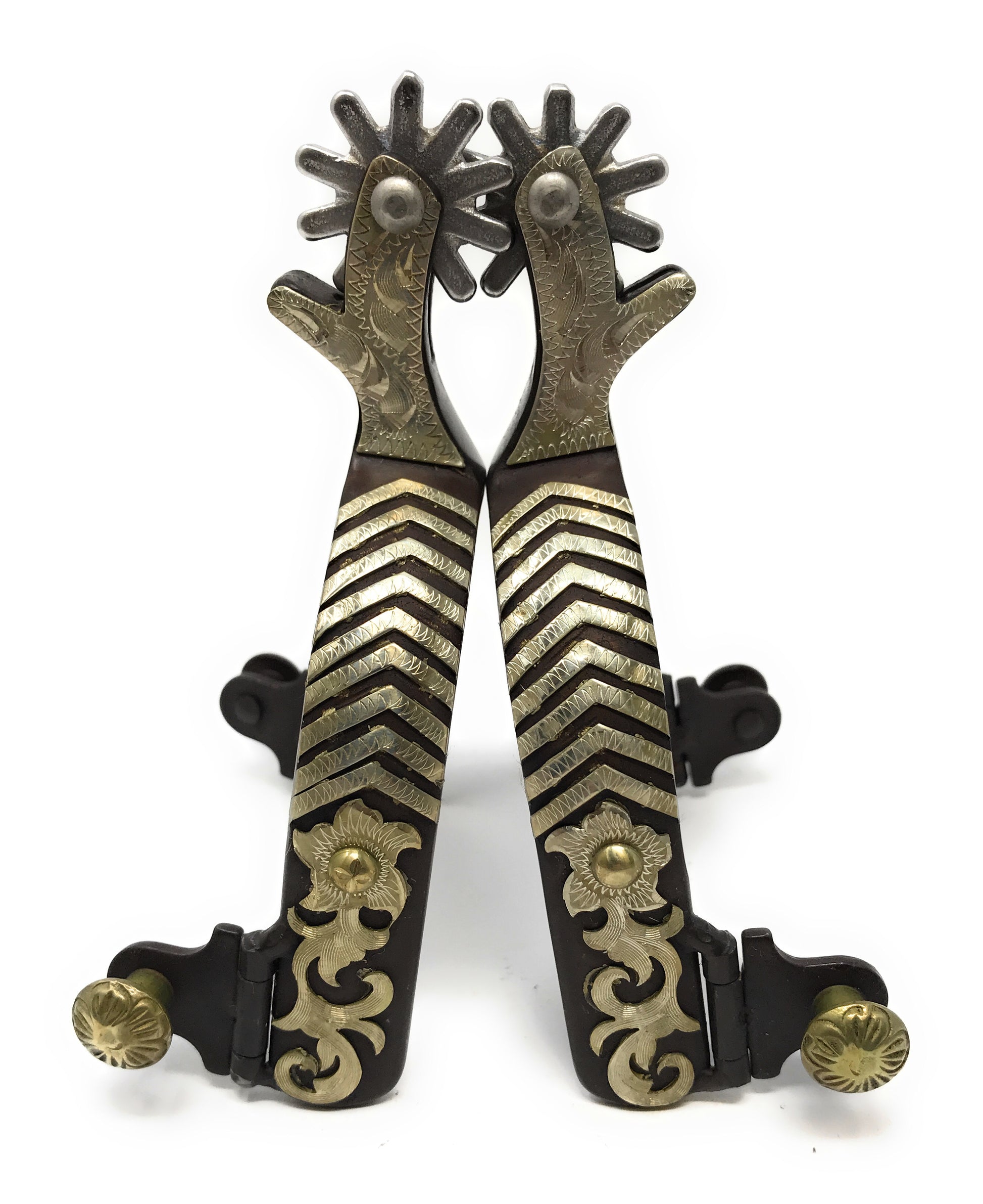 AJ Tacl Silver Floral Bars Show Spurs Antique Brown Color Hand Engraving Mens Size