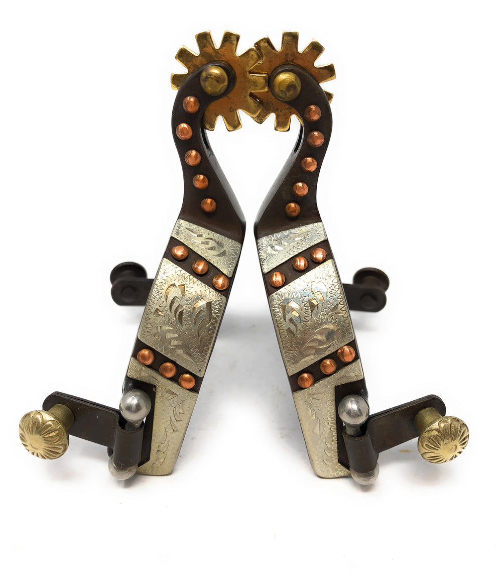 AJ Tack Antique Brown Western Engraved Spurs with Copper Dots - Youth