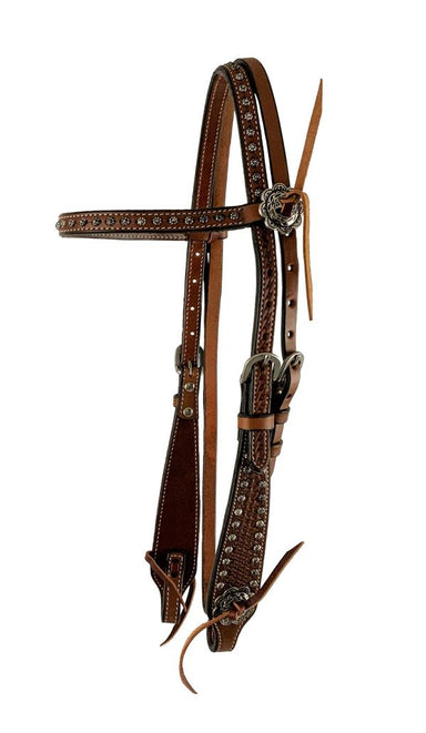 Leather headstall with basketweave tooling on the cheek pieces and conchos across the browband