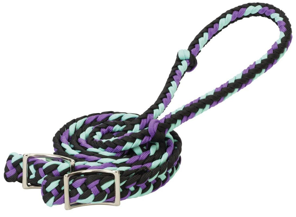 Weaver Leather Braided Nylon Barrel Reins in black, purple, and mint colors