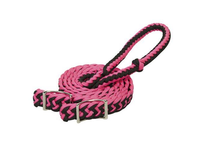 Weaver Leather Braided Nylon Barrel Reins in pink and black colors