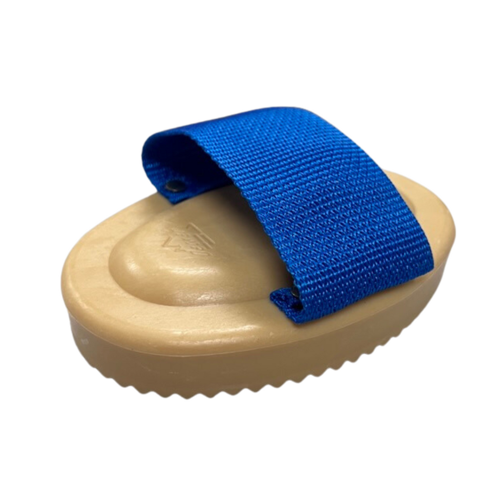 Rubber curry comb with blue hand strap