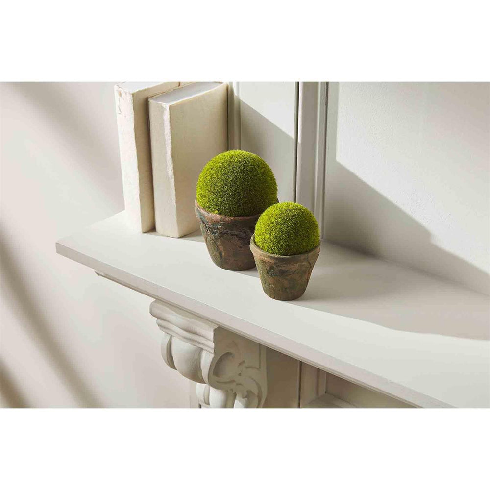 Pair of Mud Pie Moss Ball Pots on a white fireplace mantle