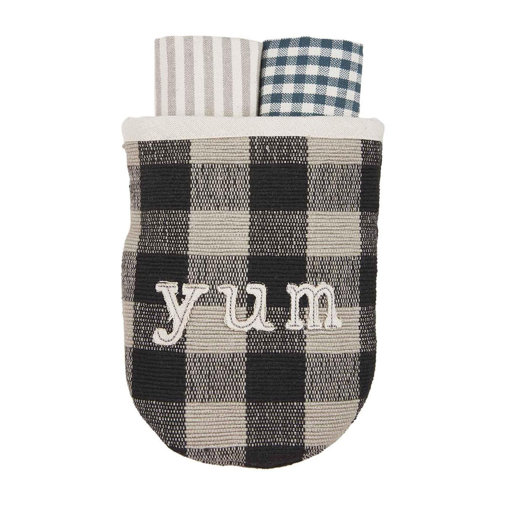 Oven mitt and towel set with "yum" embroidered