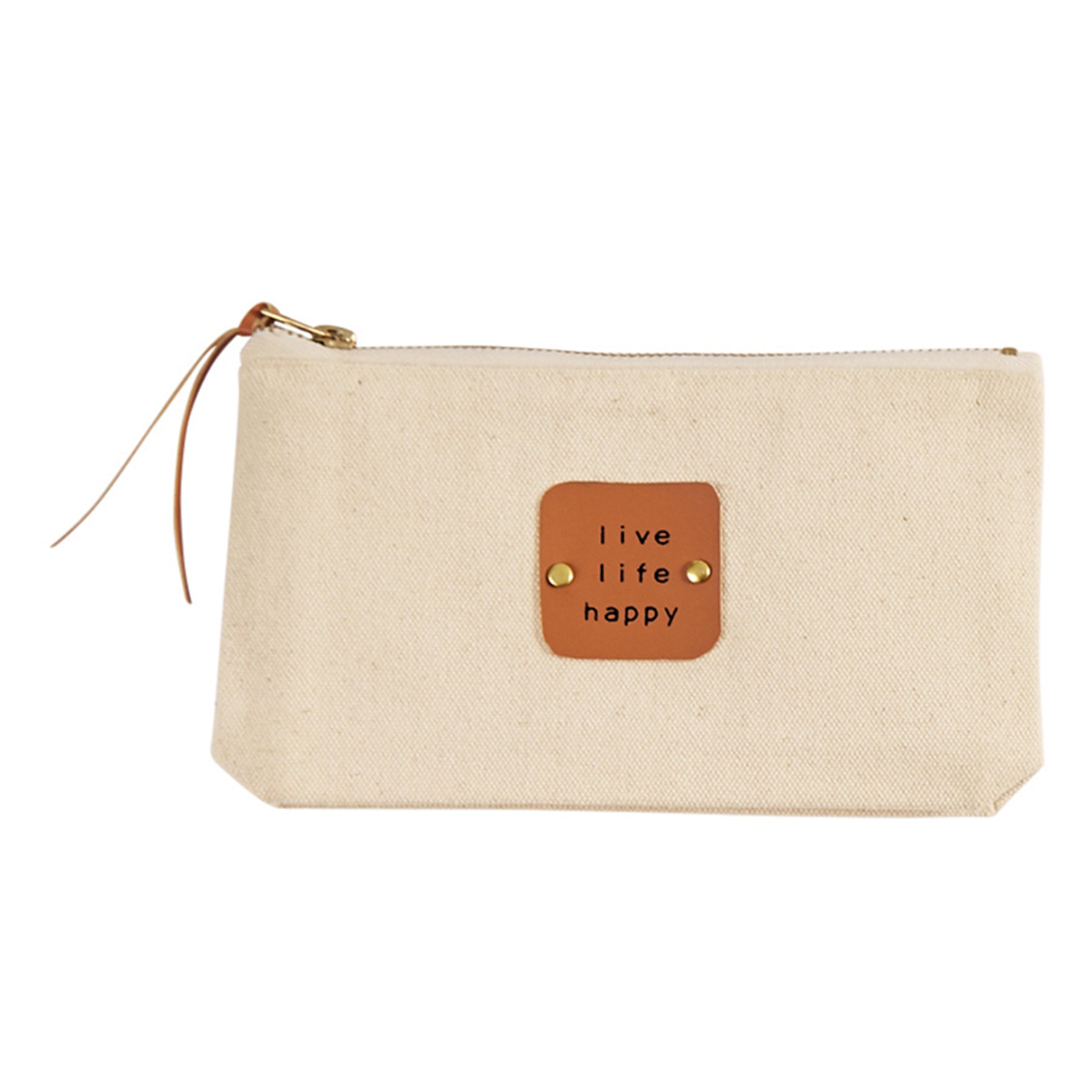 Mud Pie Beauty Canvas & Leather Zipper Pouches Live Life Happy