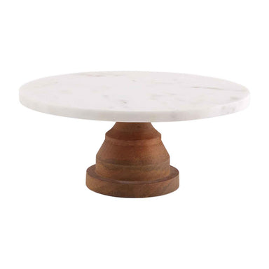 cake stand with a wooden carved base and white marble top