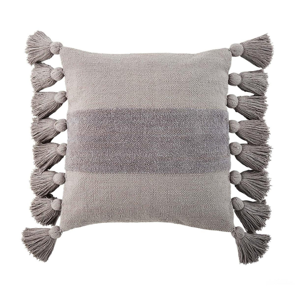 Two tone Grey Mud Pie Tassel Pillow with a horizontal stripe across the center of the pillow and tassels sewn along the sides
