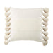 Two tone cream Mud Pie Tassel Pillow with a horizontal stripe across the center of the pillow and tassels sewn along the sides
