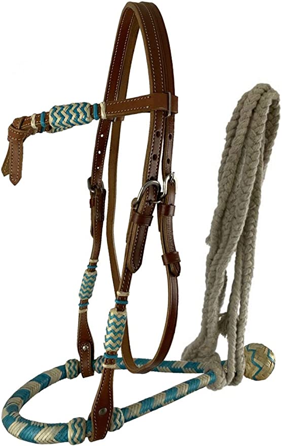 Medium Oil Futurity Knot Bosal Headstall with turquoise accents and tan cotton mecate reins