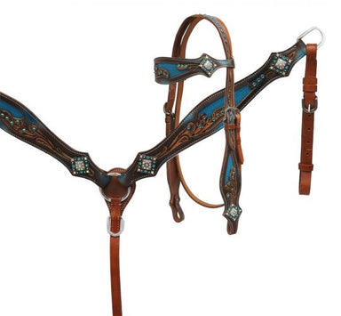 Leather headstall and breast collar with blue inlays, rhinestone conchos, and leather tooling