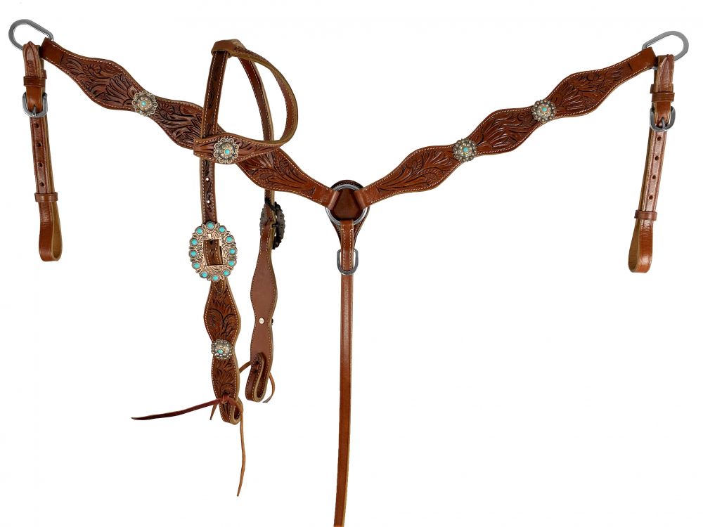 Leather One ear headstall and breast collar with leather tooling and turquoise conchos.