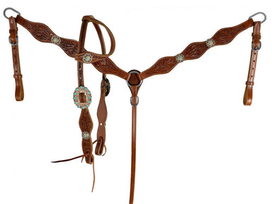 Leather One ear headstall and breast collar with leather tooling and turquoise conchos.