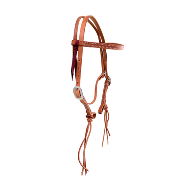Brown leather browband headstall with rattlesnake knot bit ends