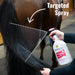 horseowner spraying the ShowSheen Hair Polish and Detangler and showing the wide range of targeted spray