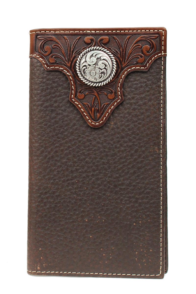 Ariat Mens Leather Wallet - Brown Tooled Overlay Rodeo