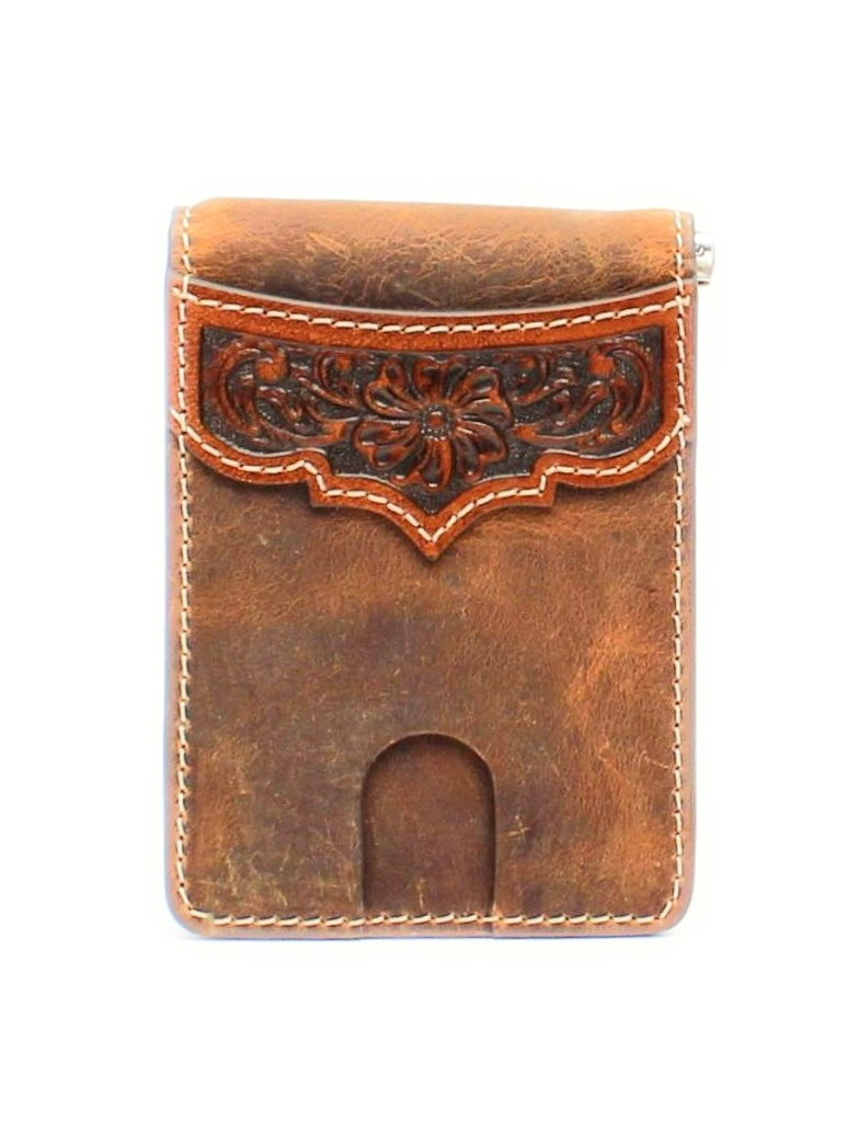 Ariat Mens Leather Bifold Money Clip - Tan Marbled Look Floral Embossed Overlay