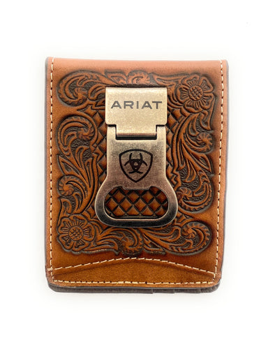 Mens Leather Bifold Money Clip - Tan Baksetweave and Floral Embossed With Bottle Opener