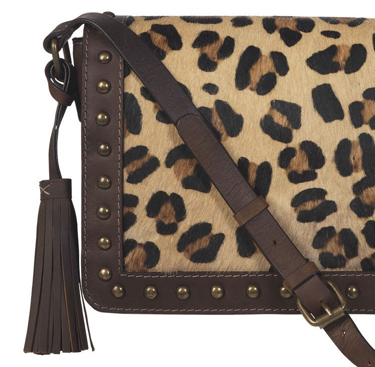 Ariat crossbody with leopard print center and brown leather edges