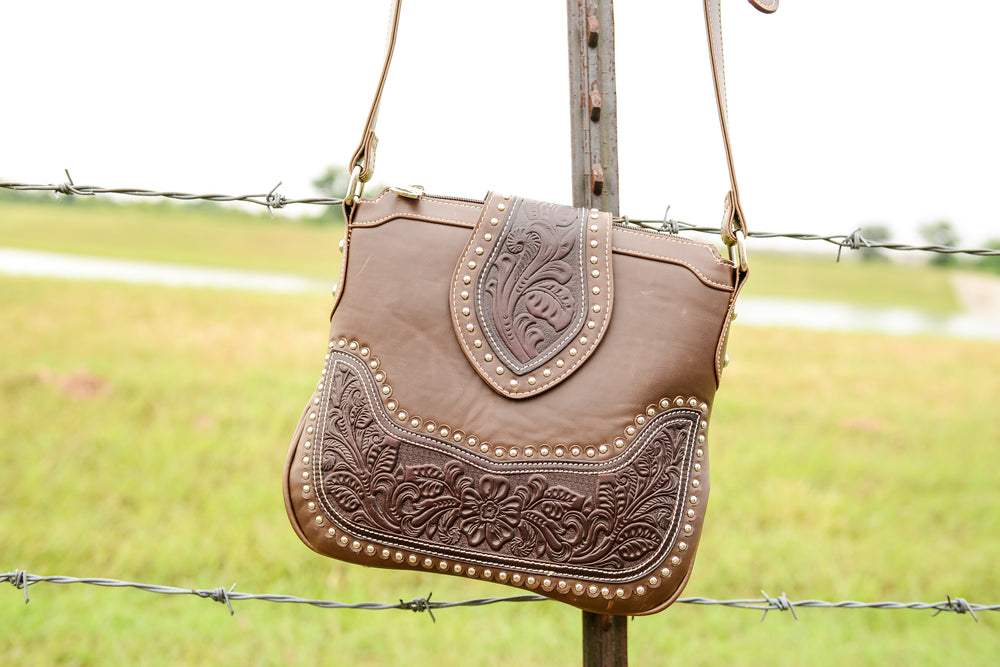 tooled leather crossbody purse in coffee color
