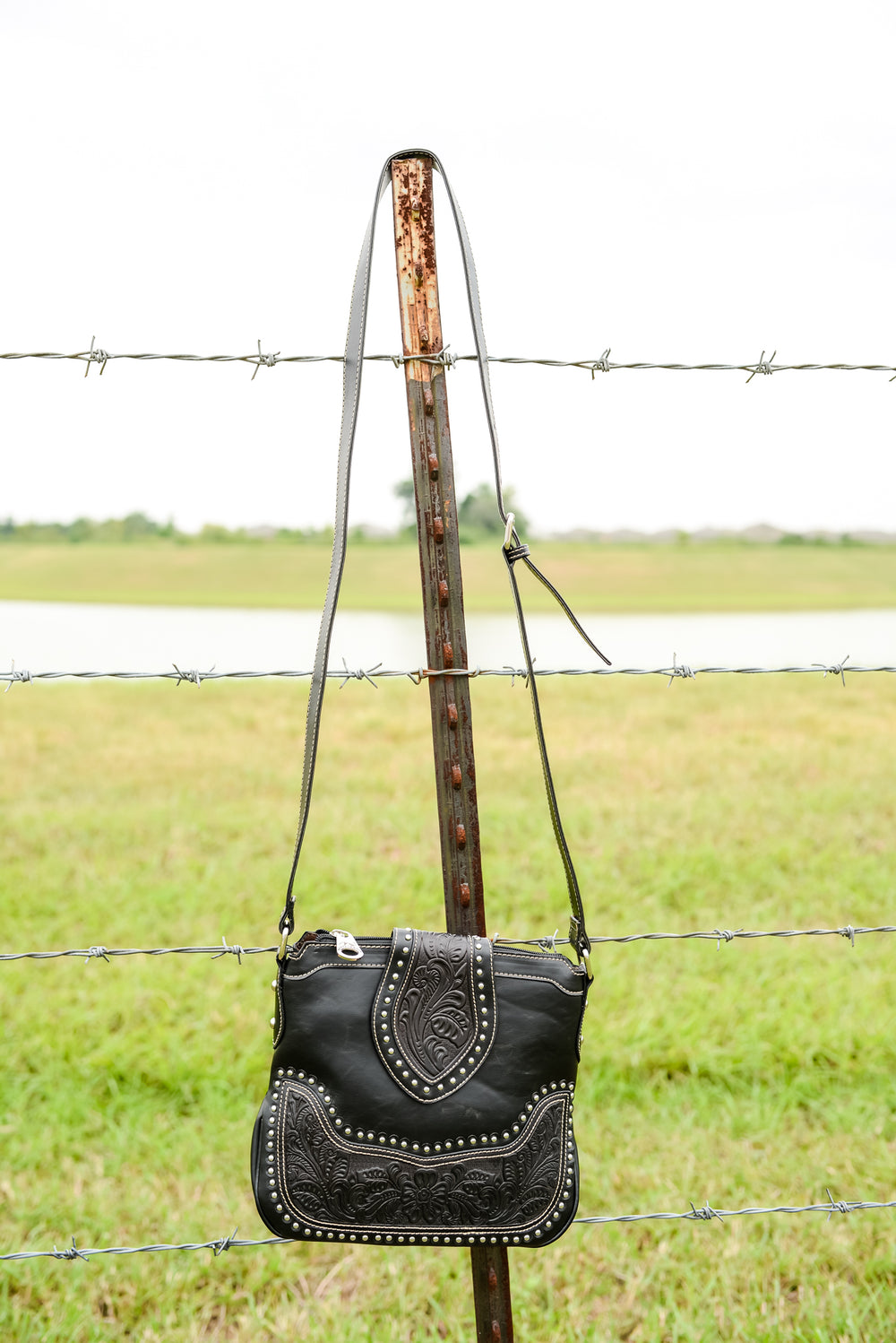 Concealed Carry Tooled Leather Crossbody Purse Black