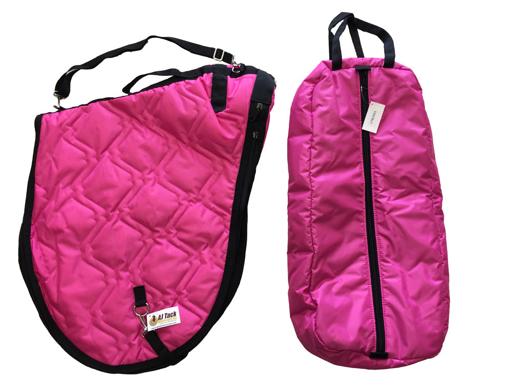 AJ Tack English Padded Saddle and Bridle Carrier Set Hot Pink