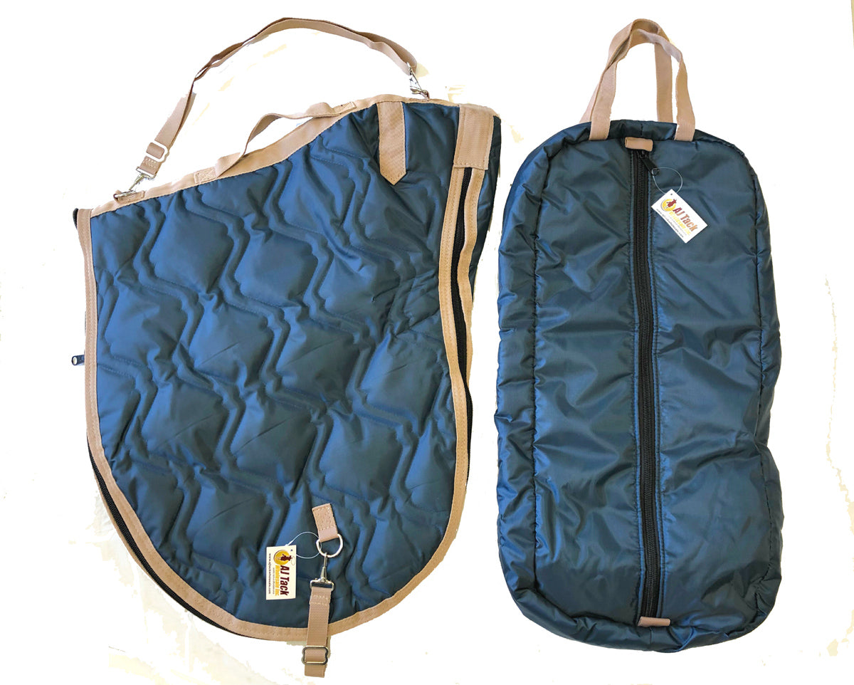 AJ Tack English Padded Saddle and Bridle Carrier Set Navy Blue