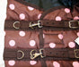 Brown with pink polka dot stable blanket with double front buckles and snap hooks 