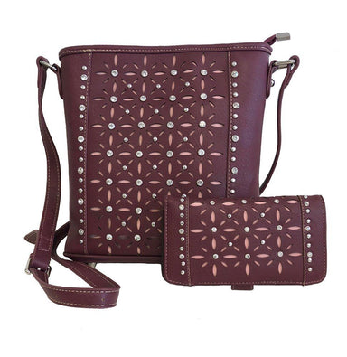 Concealed Carry Flower and Rhinestone Crossbody Purse and Wallet Burgundy