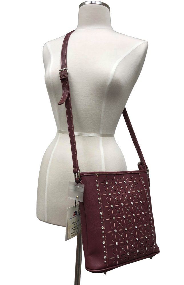Concealed Carry Flower and Rhinestone Crossbody Purse in burgundy