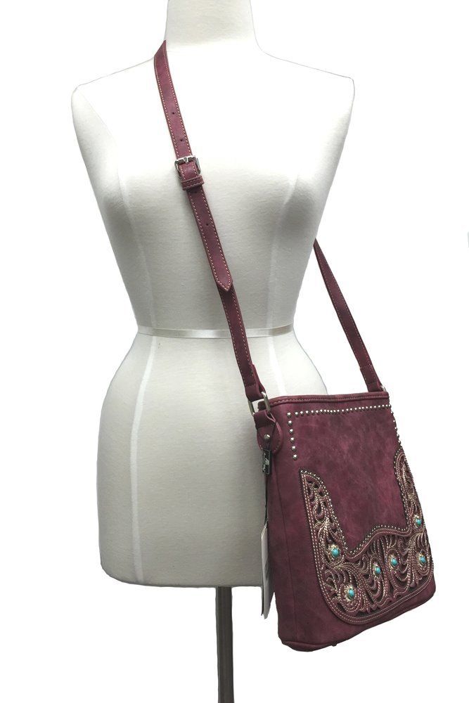 American Bling by Montana West Concealed Carry Studs and Conchos Crossbody Purse - Burgundy
