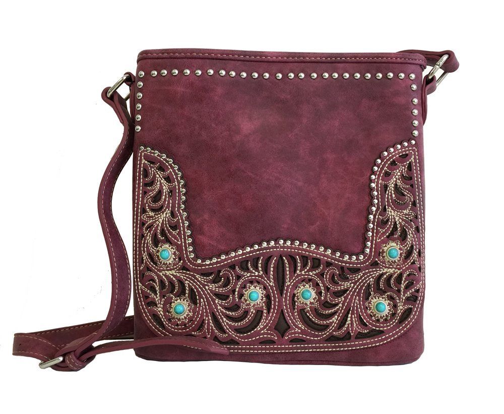 American Bling by Montana West Concealed Carry Studs and Conchos Crossbody Purse - Burgundy