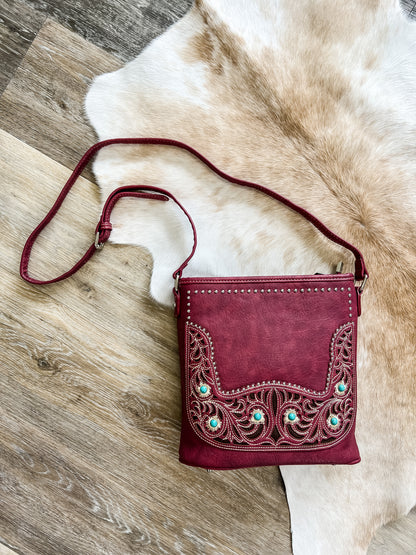 American Bling by Montana West Concealed Carry Studs and Conchos Crossbody Purse - Burgundy