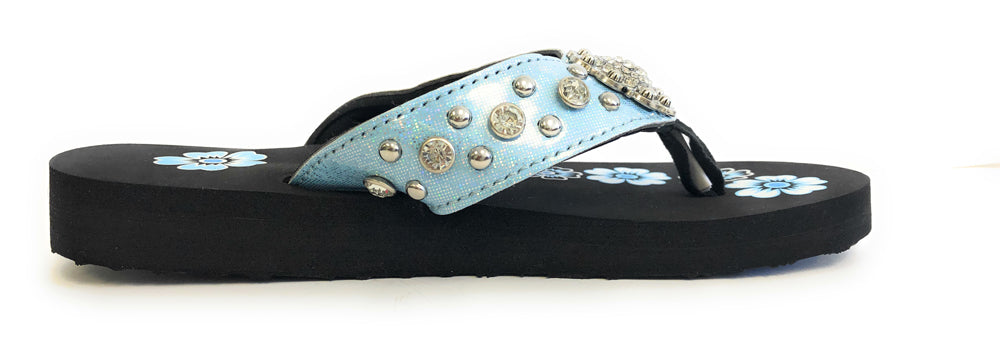 Patent Glitter Rhinestone Flip Flops Blue