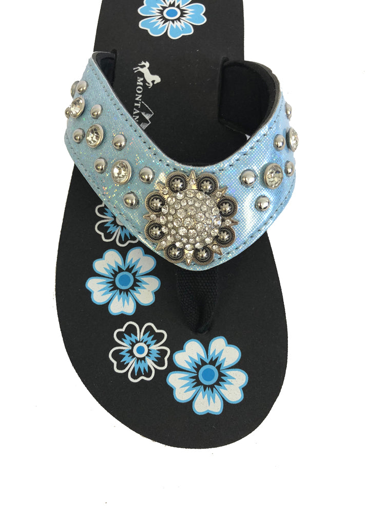 Patent Glitter Rhinestone Flip Flops Blue