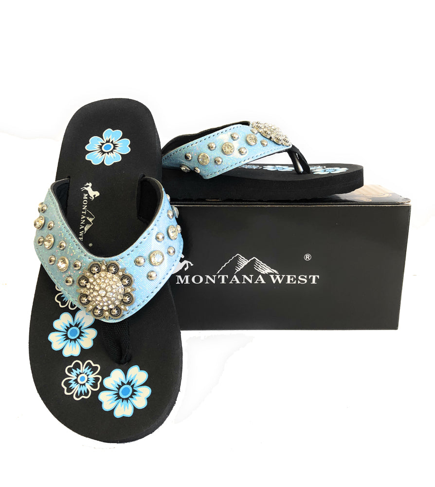 Patent Glitter Rhinestone Flip Flops Blue
