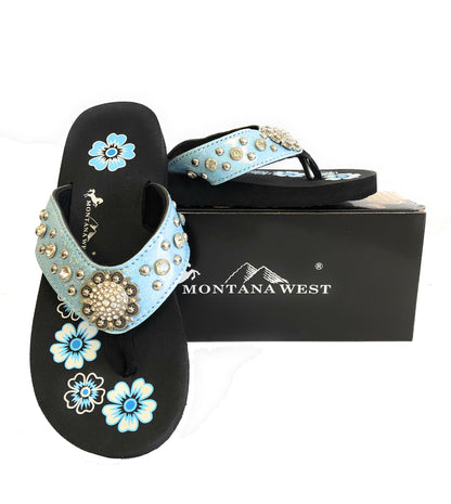 Patent Glitter Rhinestone Flip Flops Blue