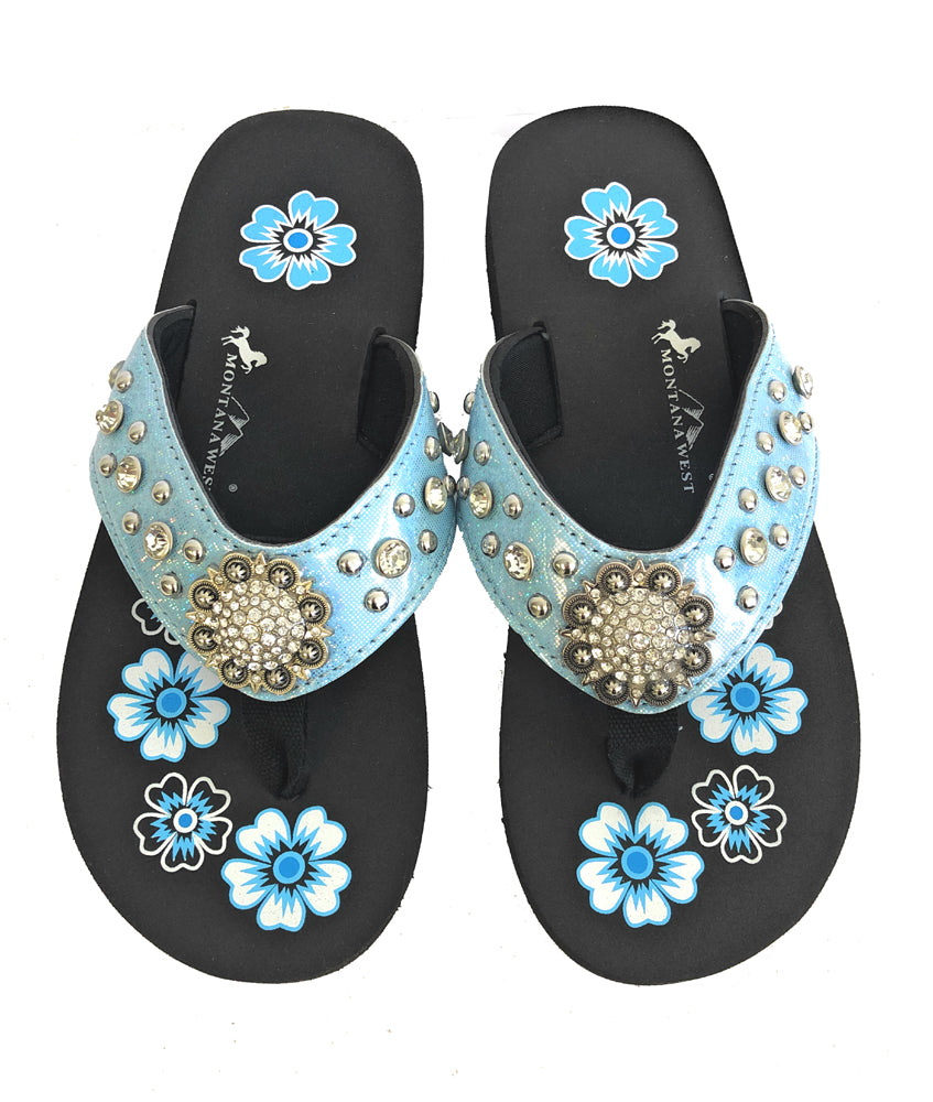 Patent Glitter Rhinestone Flip Flops Blue