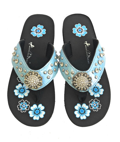 Patent Glitter Rhinestone Flip Flops Blue