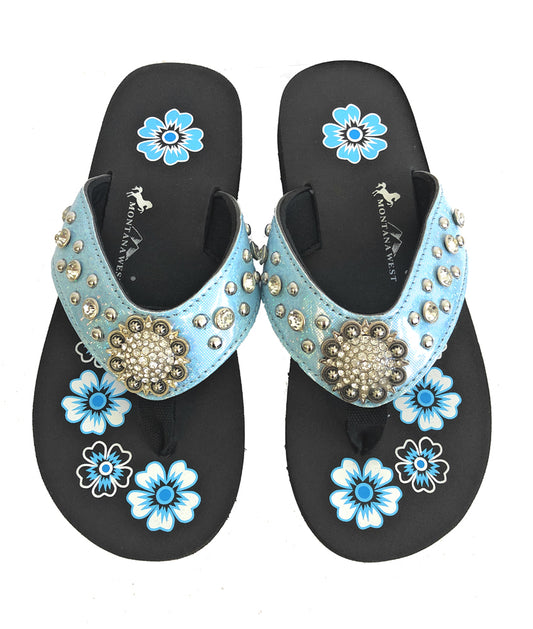 Patent Glitter Rhinestone Flip Flops Blue