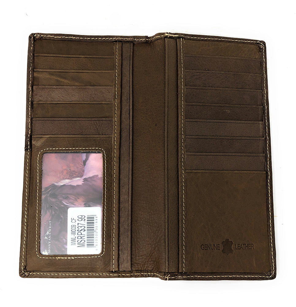 Montana West Mens Bi-fold Wallet Genuine Leather Tooled Floral Concho Coffee Open