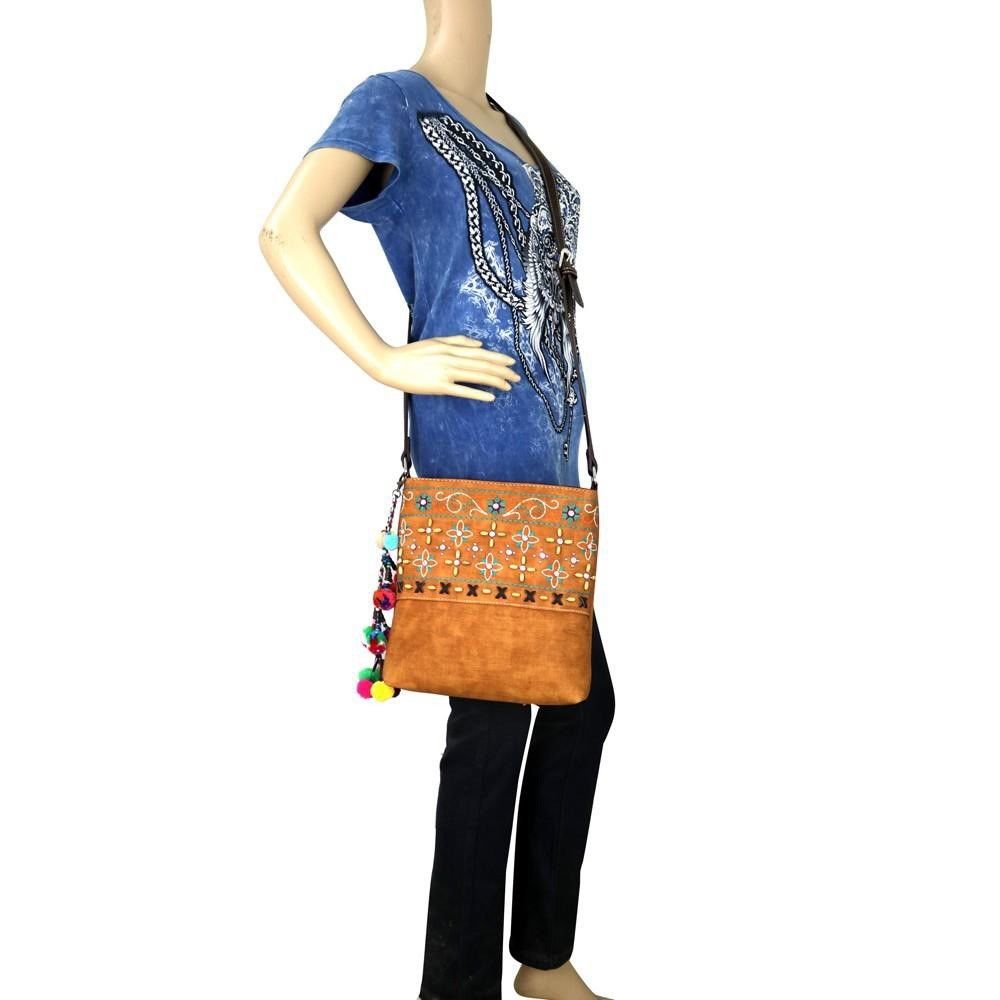 floral embroidery crossbody purse with detachable colorful jingling pompom charm