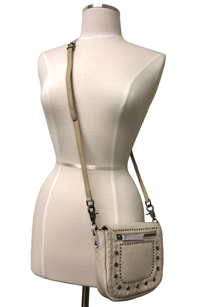 Concho Crossbody Purse Beige with adjustable leather strap