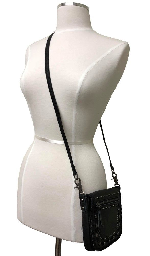 Concho Crossbody Purse Black with adjustable leather strap