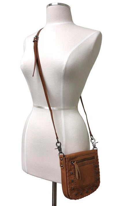 Brown Concho Crossbody Purse with adjustable leather strap