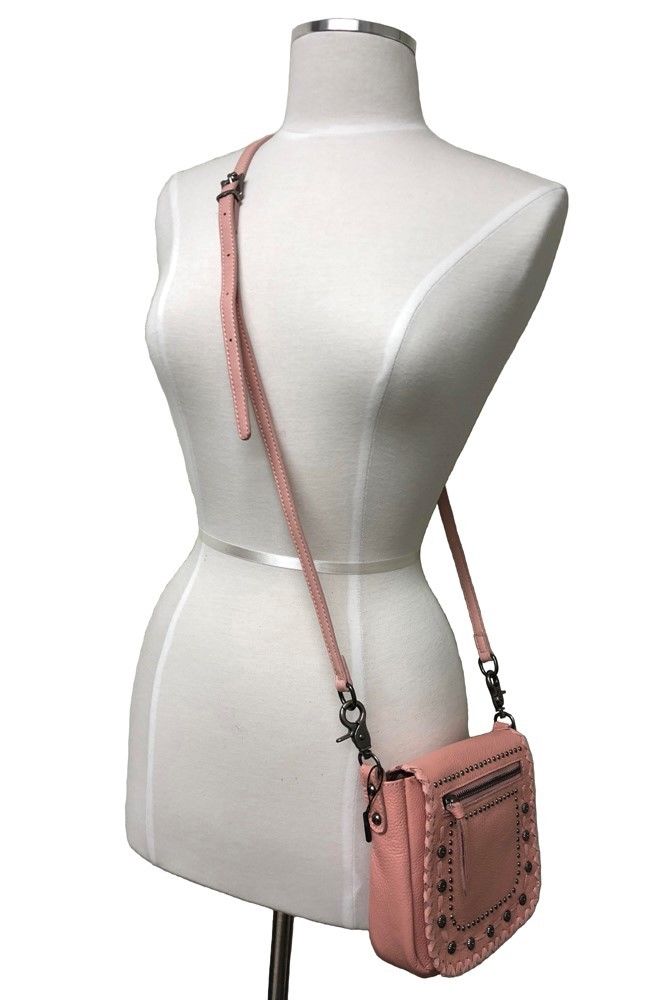 Concho Crossbody Purse Pink with adjustable leather strap