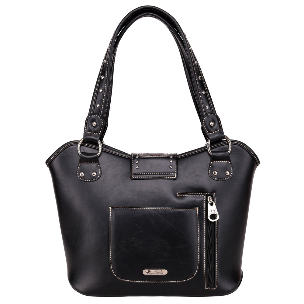 Concealed Carry Western Tooled Leather Shoulder Bag - Black