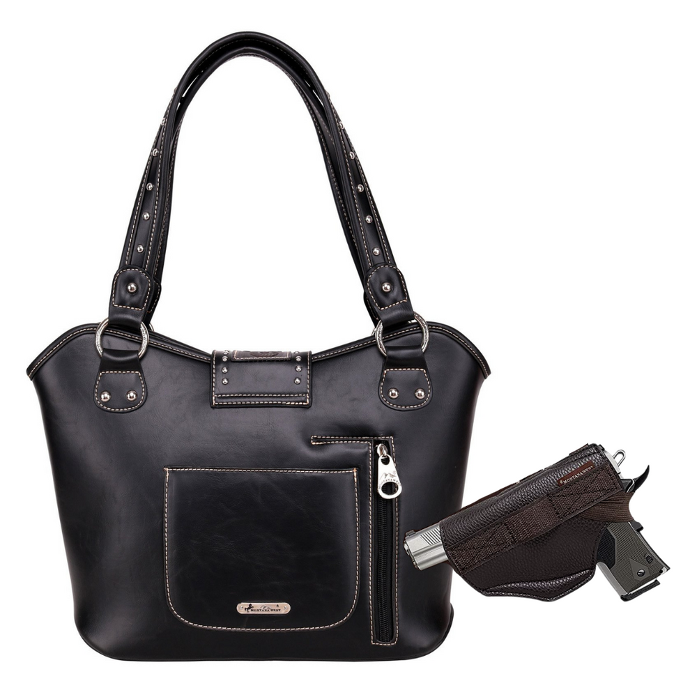 Black Western Tooled Leather shoulder bag with a concealed handgun pocket and matching holster  
